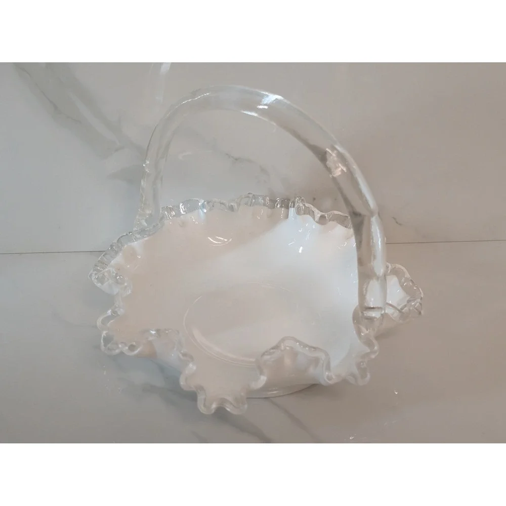 Fenton Milk Glass Basket White Silver Crest Ruffled Edge Clear Bamboo Handle